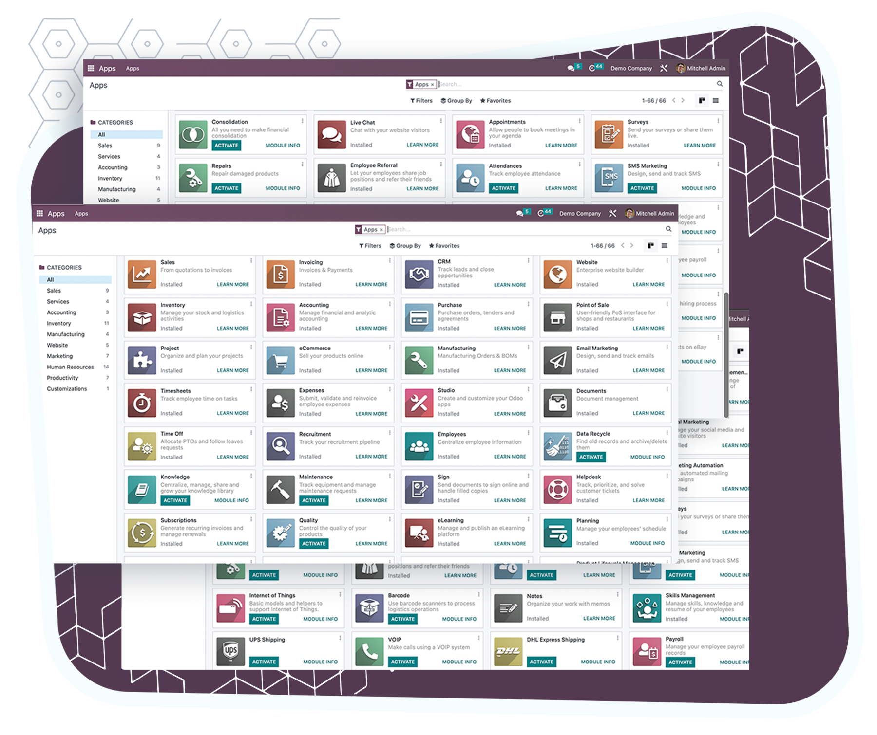 Odoo interface screenshots and apps